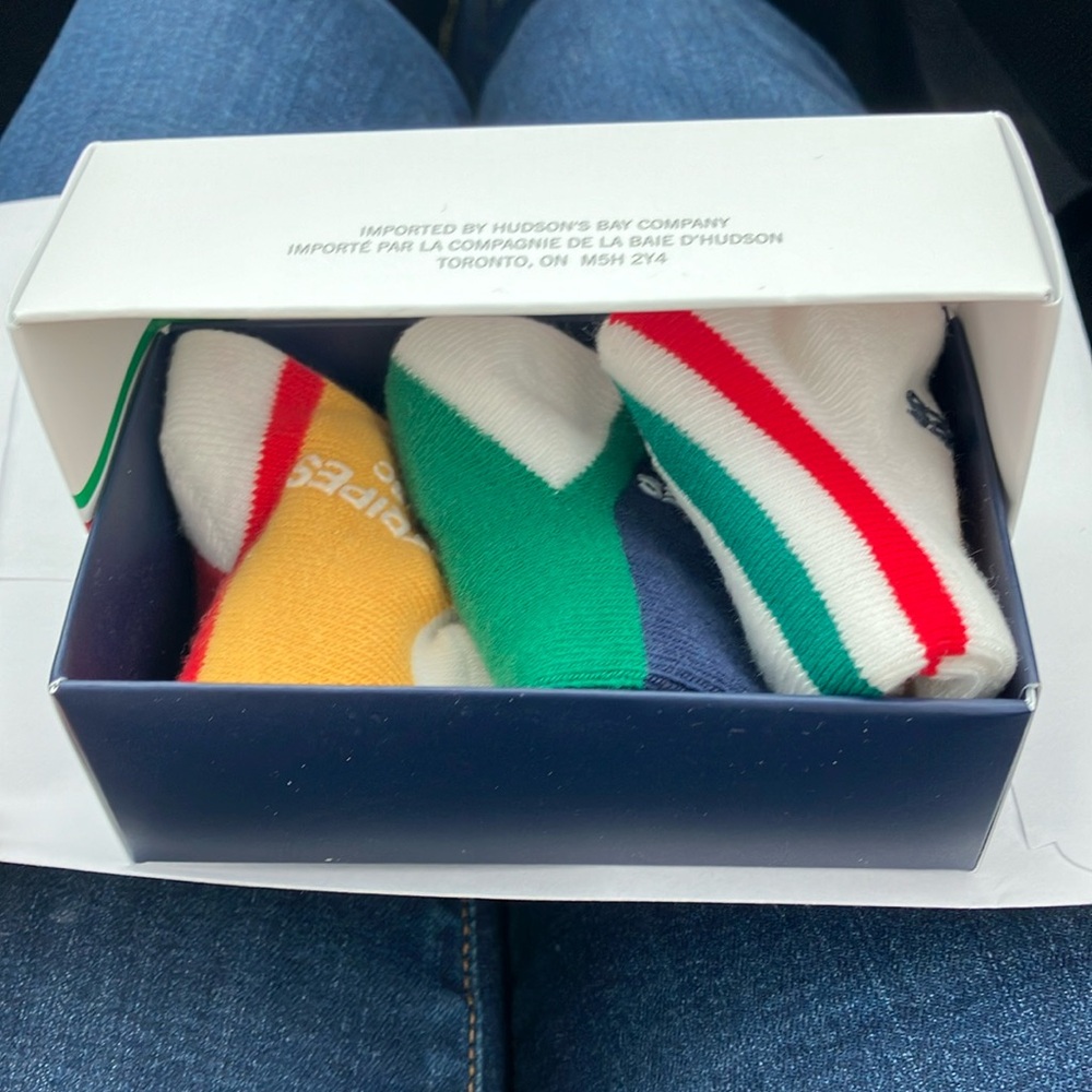 HBC stripes infant socks new in box. With free reusable bag.